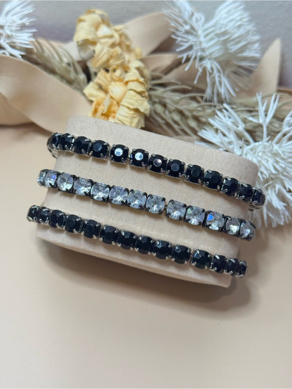 Vintage Set of 3 Black & Clear Rhinestone Silver Tone Stretch Tennis Bracelets